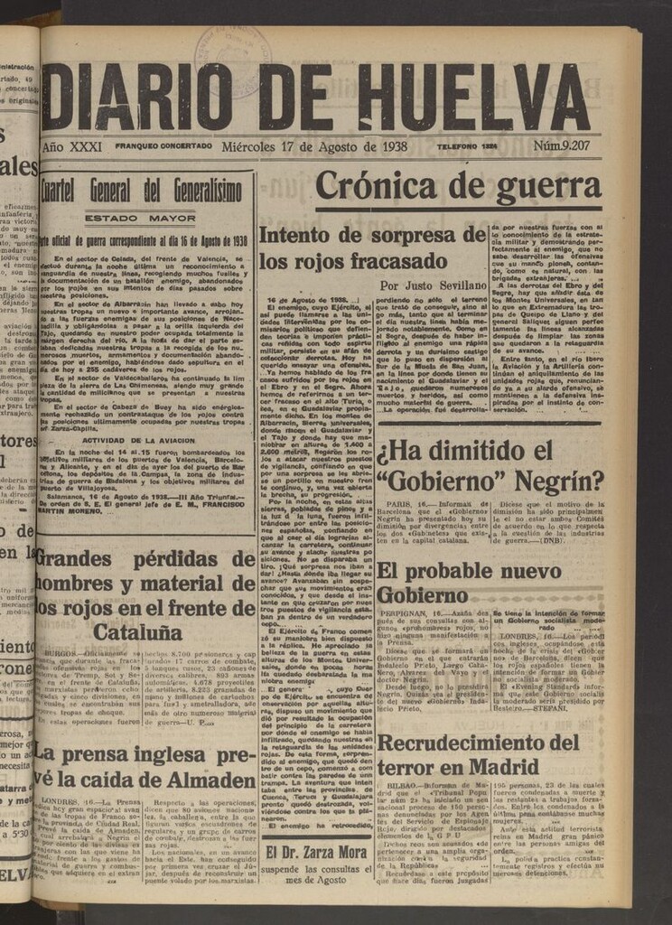 Miniatura de Diario de Huelva : periódico independiente del 17 de agosto de 1938