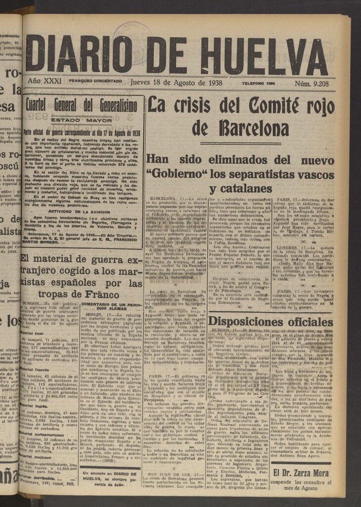 Miniatura de Diario de Huelva : periódico independiente del 18 de agosto de 1938