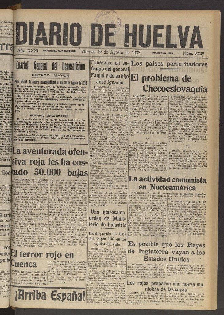 Miniatura de Diario de Huelva : periódico independiente del 19 de agosto de 1938