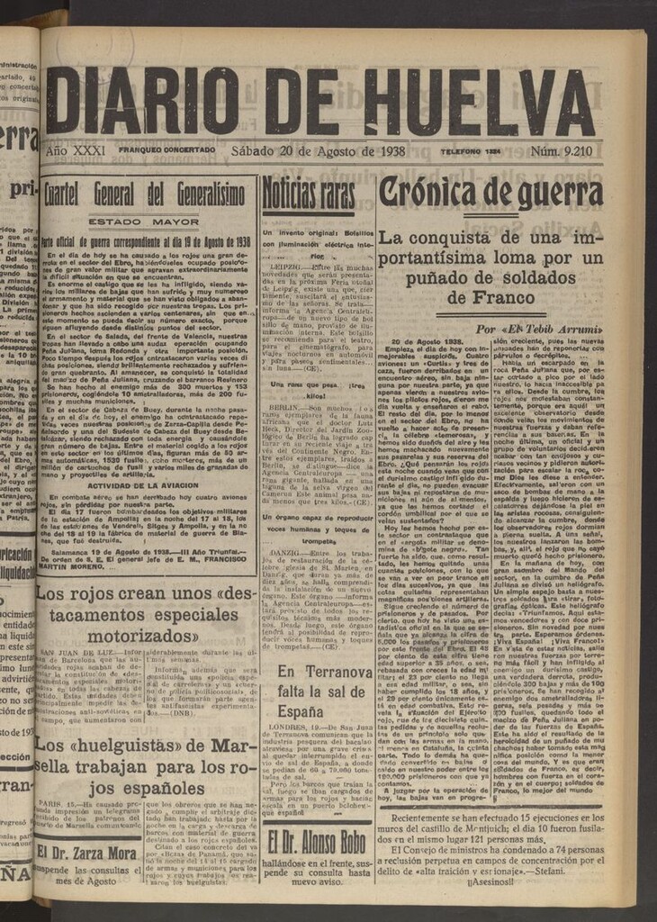 Miniatura de Diario de Huelva : periódico independiente del 20 de agosto de 1938
