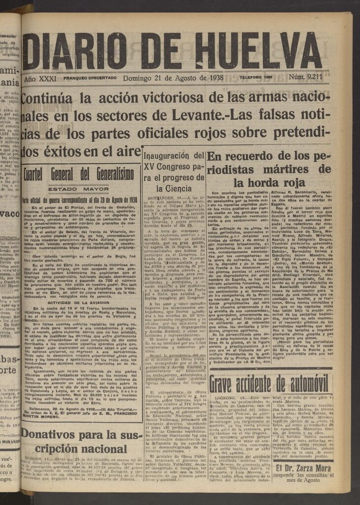 Miniatura de Diario de Huelva : periódico independiente del 21 de agosto de 1938