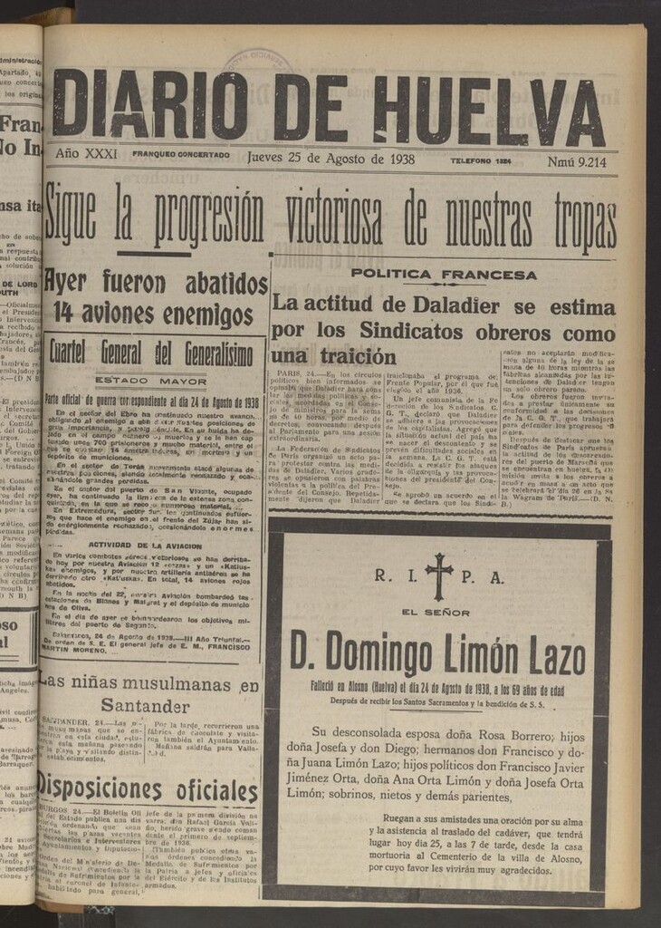 Miniatura de Diario de Huelva : periódico independiente del 25 de agosto de 1938