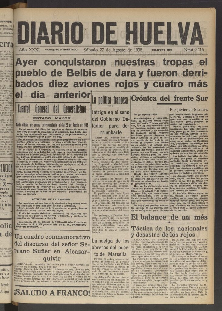 Miniatura de Diario de Huelva : periódico independiente del 27 de agosto de 1938
