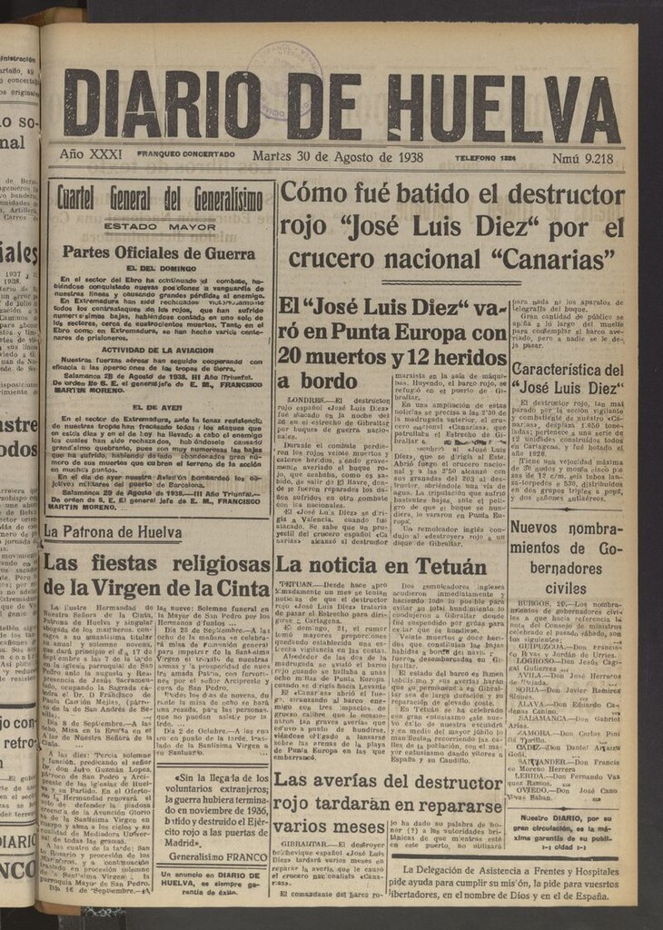 Miniatura de Diario de Huelva : periódico independiente del 30 de agosto de 1938
