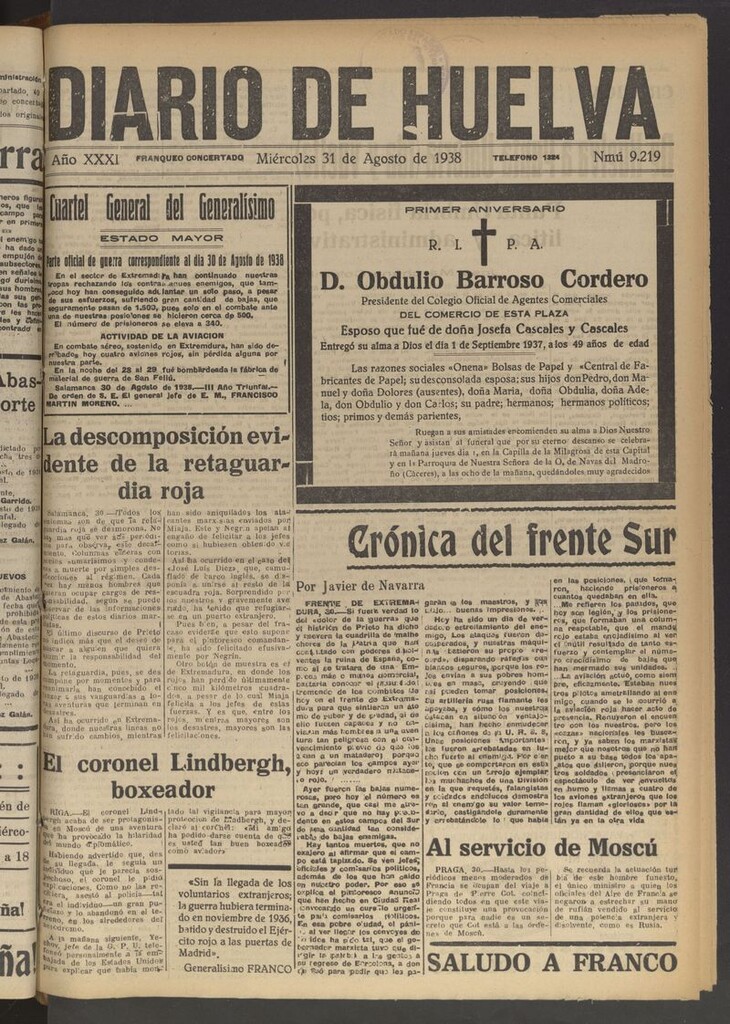 Miniatura de Diario de Huelva : periódico independiente del 31 de agosto de 1938