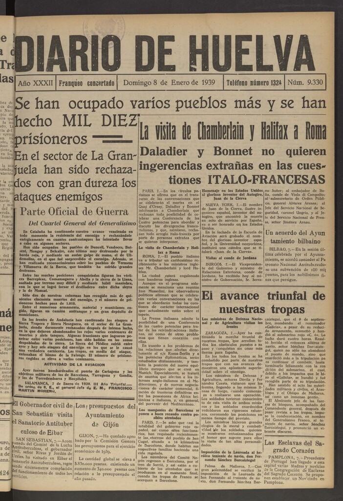 Miniatura de Diario de Huelva : periódico independiente del 8 de enero de 1939