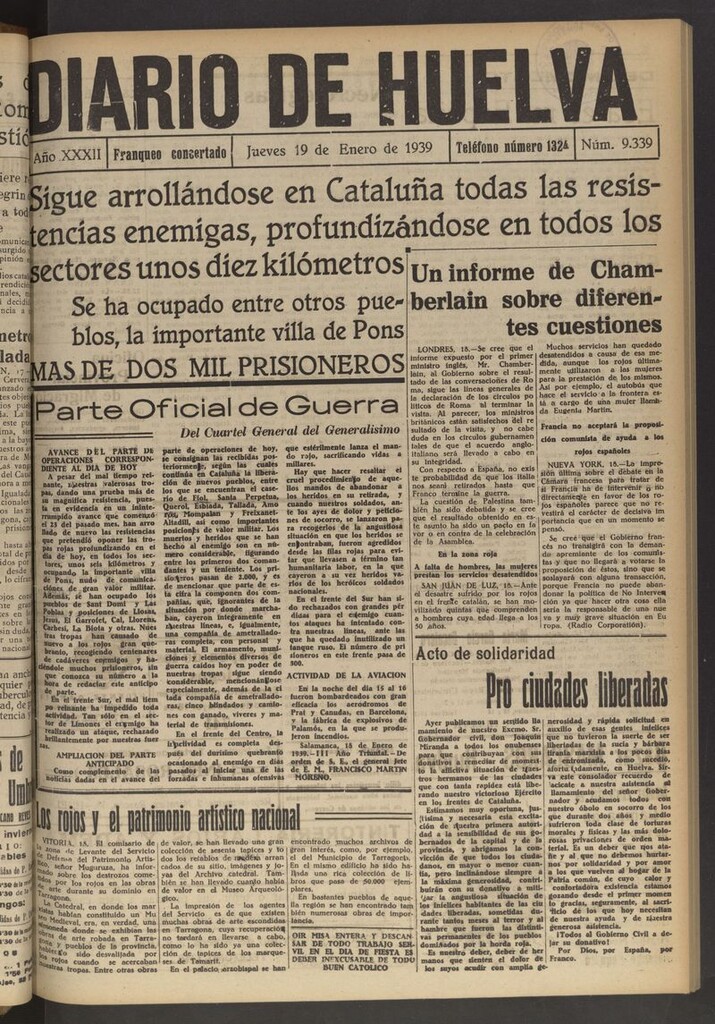Miniatura de Diario de Huelva : periódico independiente del 19 de enero de 1939