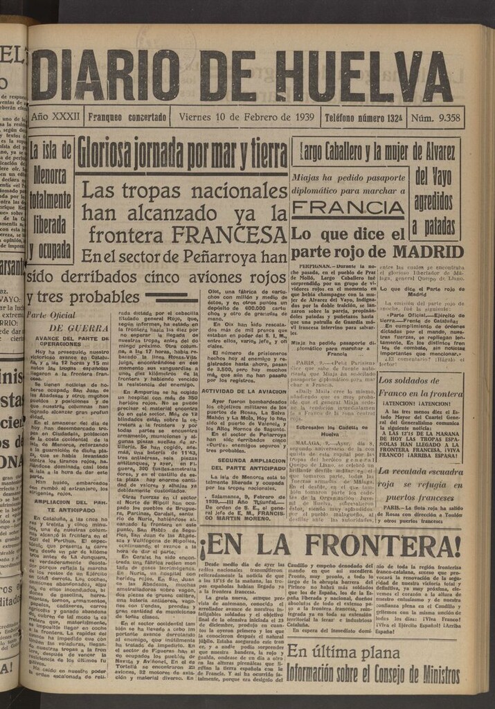 Miniatura de Diario de Huelva : periódico independiente del 10 de febrero de 1939