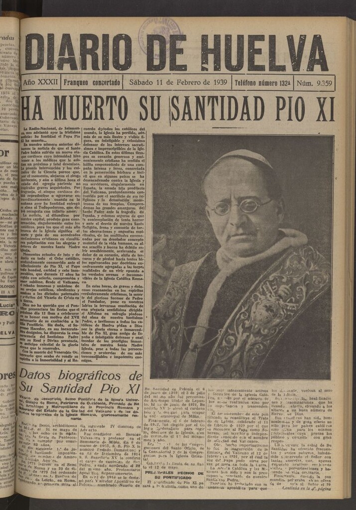 Miniatura de Diario de Huelva : periódico independiente del 11 de febrero de 1939