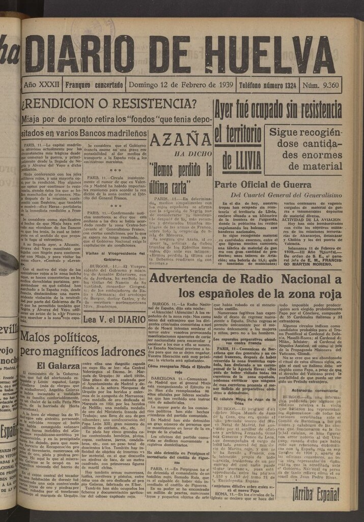 Miniatura de Diario de Huelva : periódico independiente del 12 de febrero de 1939