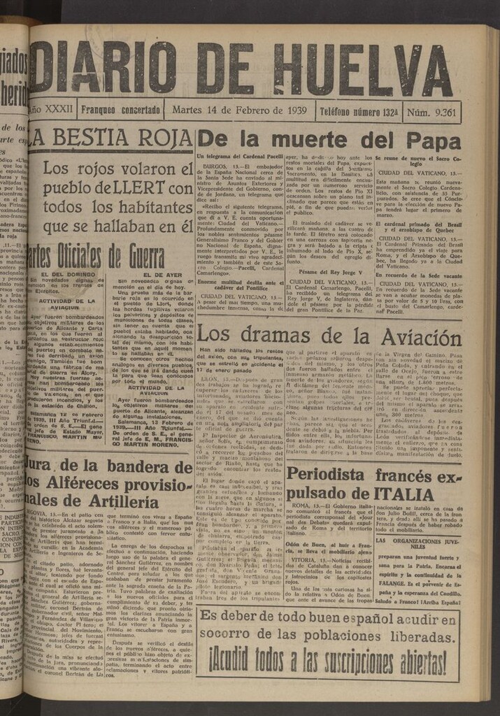 Miniatura de Diario de Huelva : periódico independiente del 14 de febrero de 1939