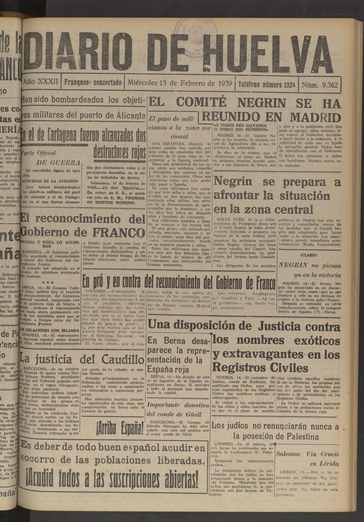 Miniatura de Diario de Huelva : periódico independiente del 15 de febrero de 1939