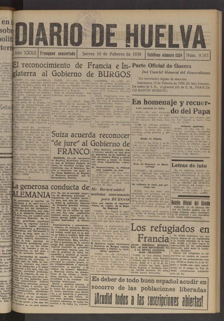 Miniatura de Diario de Huelva : periódico independiente del 16 de febrero de 1939