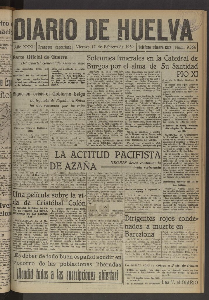 Miniatura de Diario de Huelva : periódico independiente del 17 de febrero de 1939