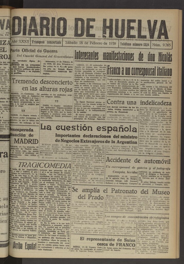 Miniatura de Diario de Huelva : periódico independiente del 18 de febrero de 1939