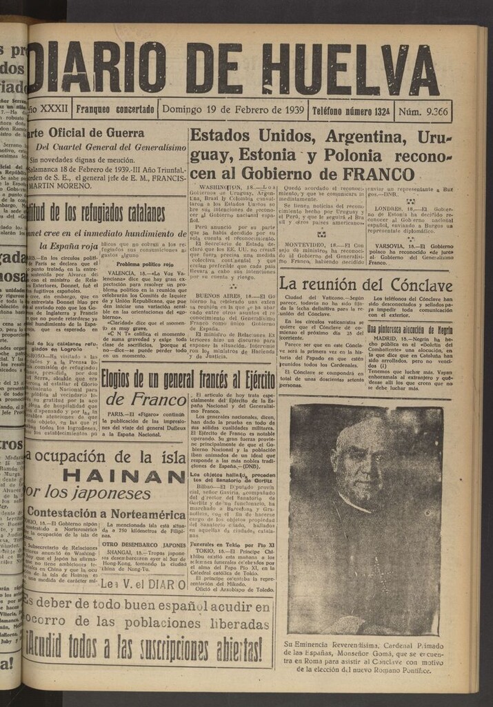 Miniatura de Diario de Huelva : periódico independiente del 19 de febrero de 1939