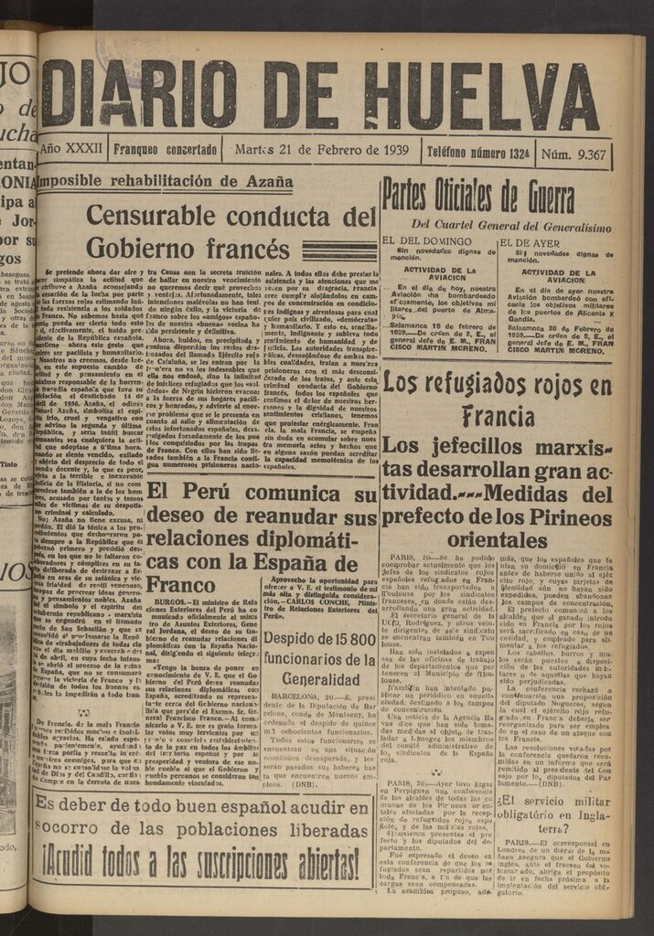 Miniatura de Diario de Huelva : periódico independiente del 21 de febrero de 1939