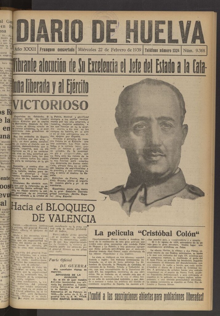 Miniatura de Diario de Huelva : periódico independiente del 22 de febrero de 1939