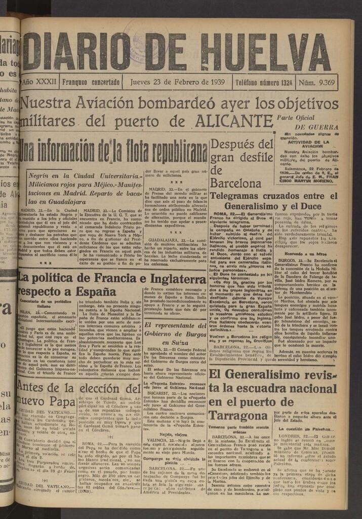 Miniatura de Diario de Huelva : periódico independiente del 23 de febrero de 1939