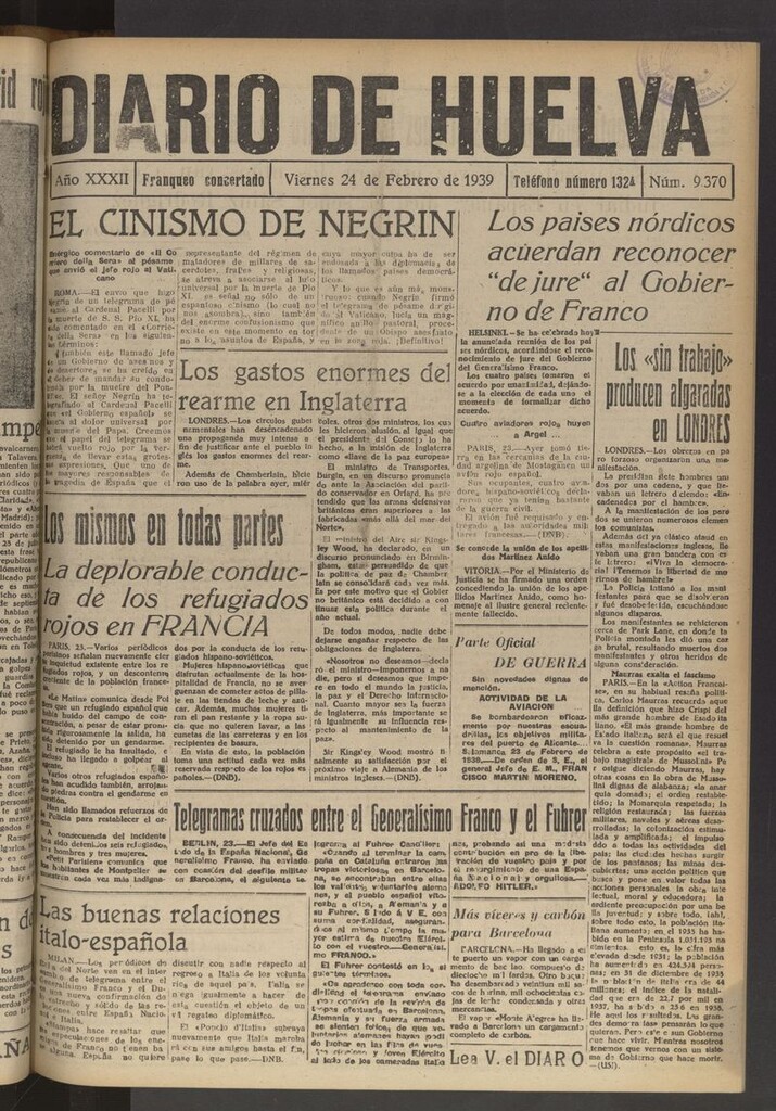 Miniatura de Diario de Huelva : periódico independiente del 24 de febrero de 1939