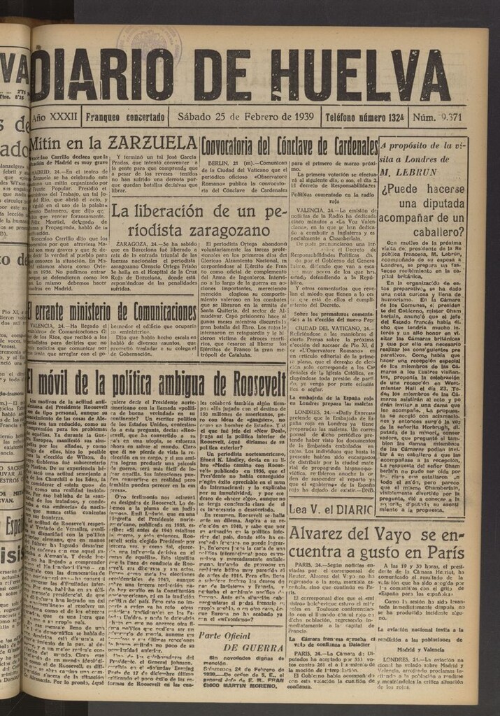 Miniatura de Diario de Huelva : periódico independiente del 25 de febrero de 1939