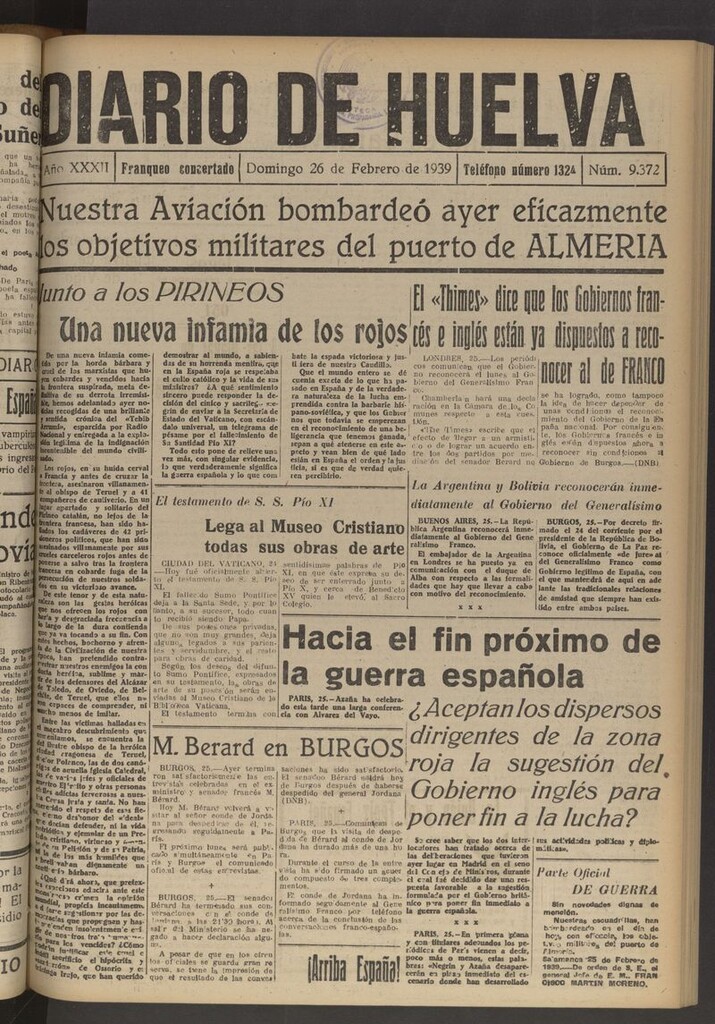 Miniatura de Diario de Huelva : periódico independiente del 26 de febrero de 1939