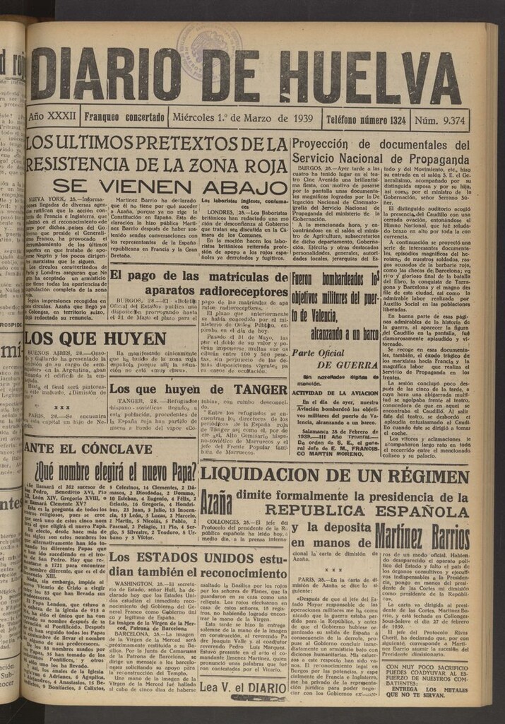 Miniatura de Diario de Huelva : periódico independiente del 1 de marzo de 1939