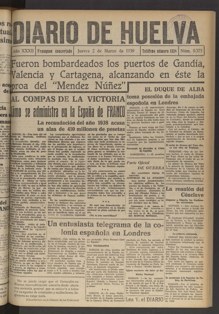 Miniatura de Diario de Huelva : periódico independiente del 2 de marzo de 1939