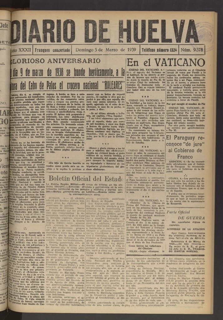 Miniatura de Diario de Huelva : periódico independiente del 5 de marzo de 1939