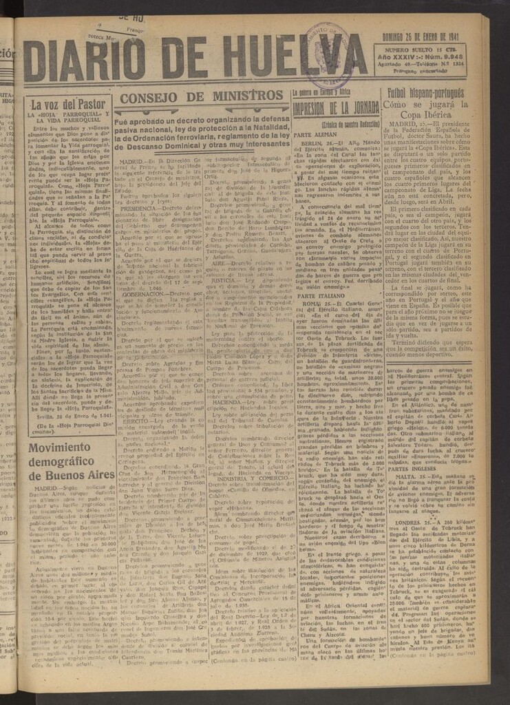 Miniatura de Diario de Huelva : periódico independiente del 26 de enero de 1941