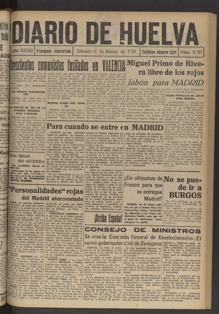 Miniatura de Diario de Huelva : periódico independiente del 11 de marzo de 1939