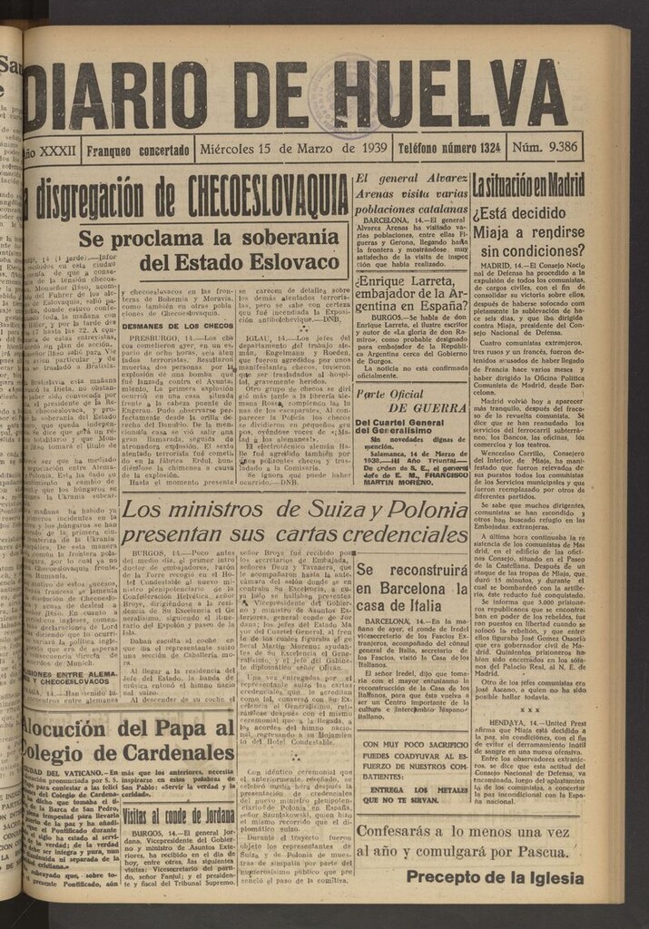 Miniatura de Diario de Huelva : periódico independiente del 15 de marzo de 1939