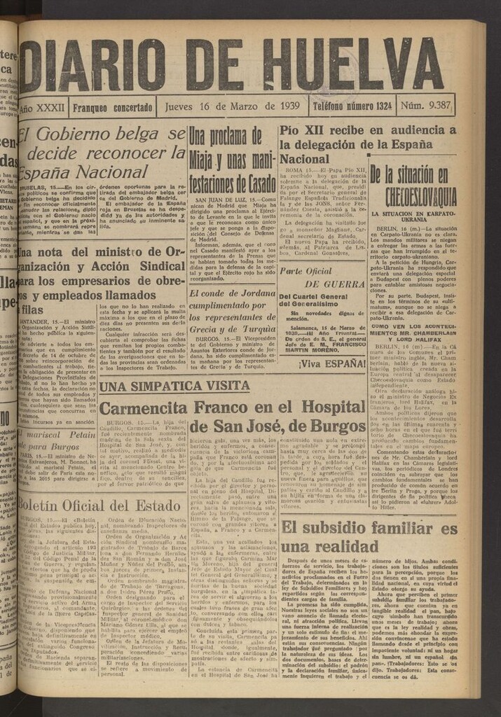 Miniatura de Diario de Huelva : periódico independiente del 16 de marzo de 1939