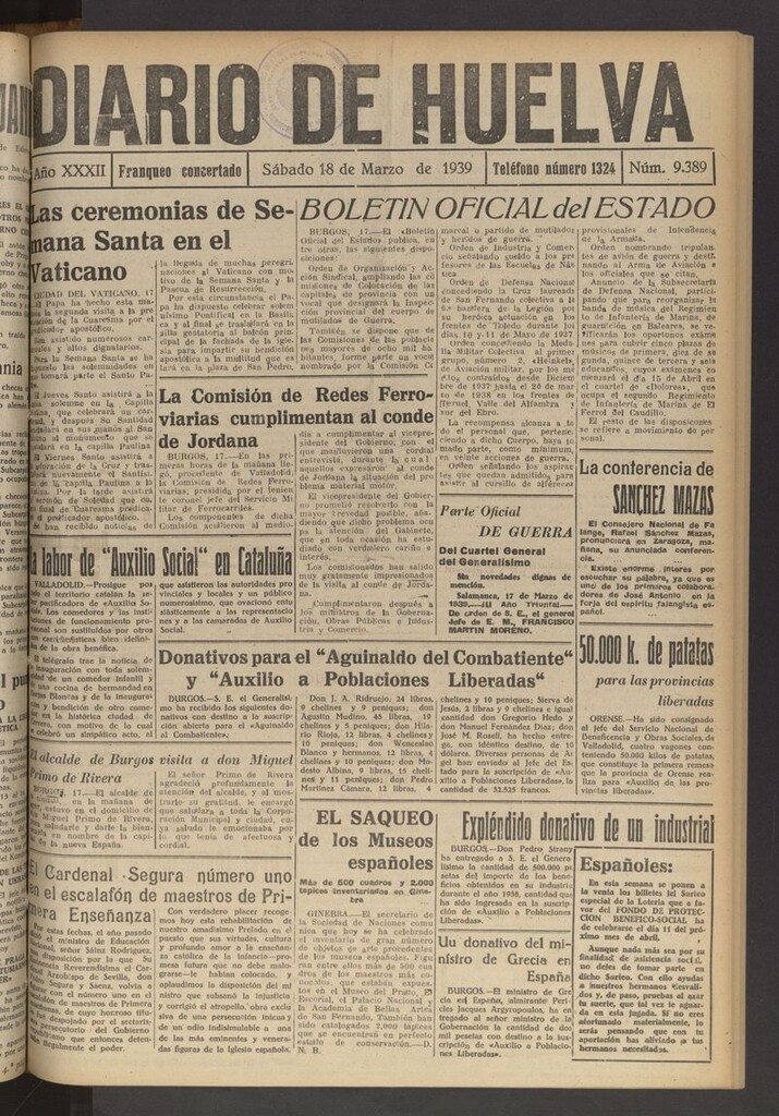 Miniatura de Diario de Huelva : periódico independiente del 18 de marzo de 1939