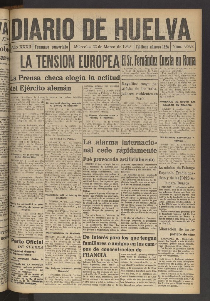 Miniatura de Diario de Huelva : periódico independiente del 22 de marzo de 1939