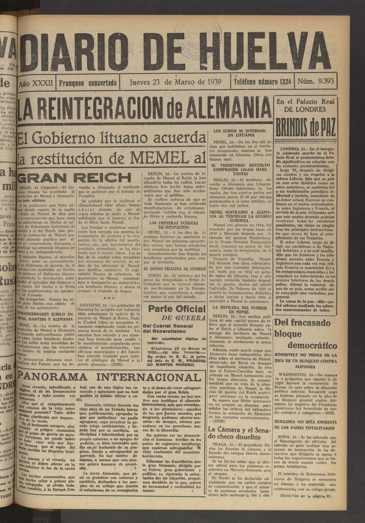 Miniatura de Diario de Huelva : periódico independiente del 23 de marzo de 1939