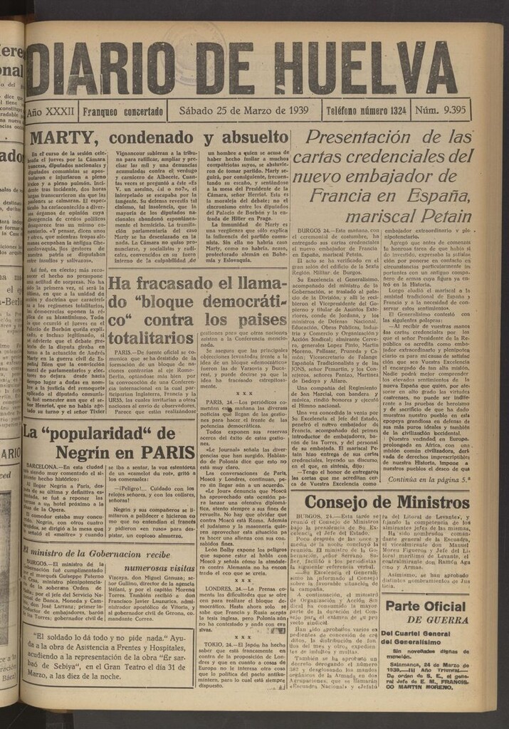 Miniatura de Diario de Huelva : periódico independiente del 25 de marzo de 1939