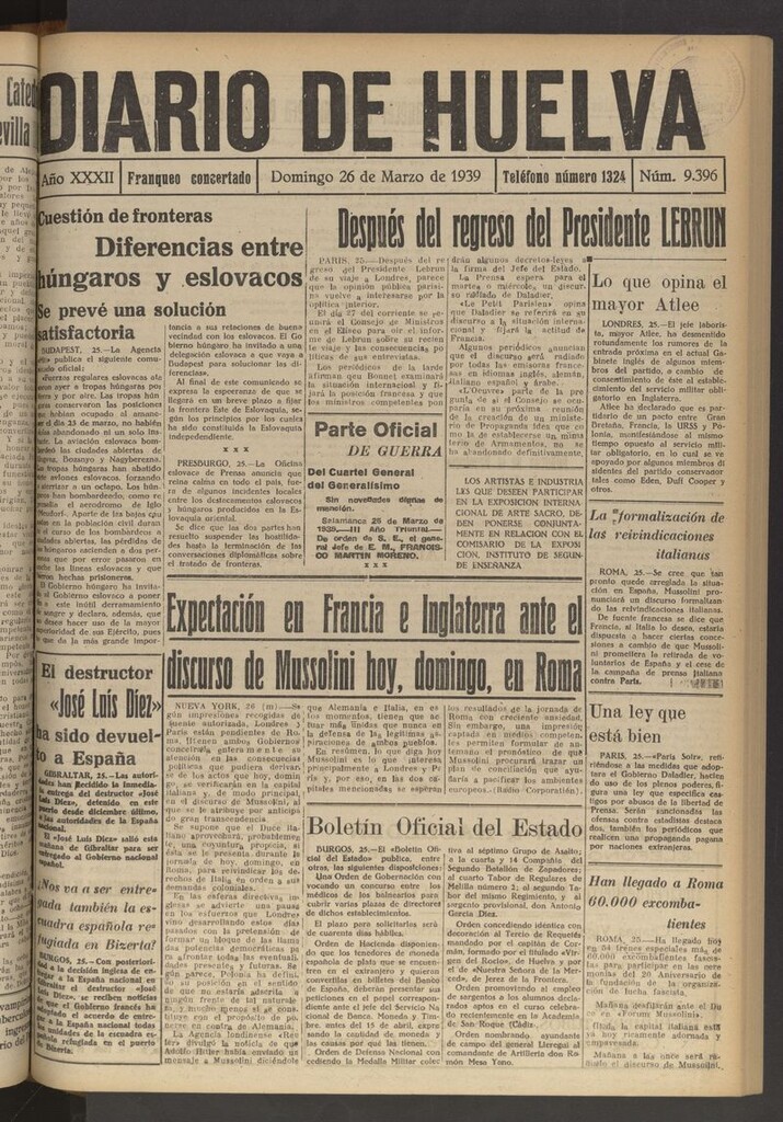 Miniatura de Diario de Huelva : periódico independiente del 26 de marzo de 1939