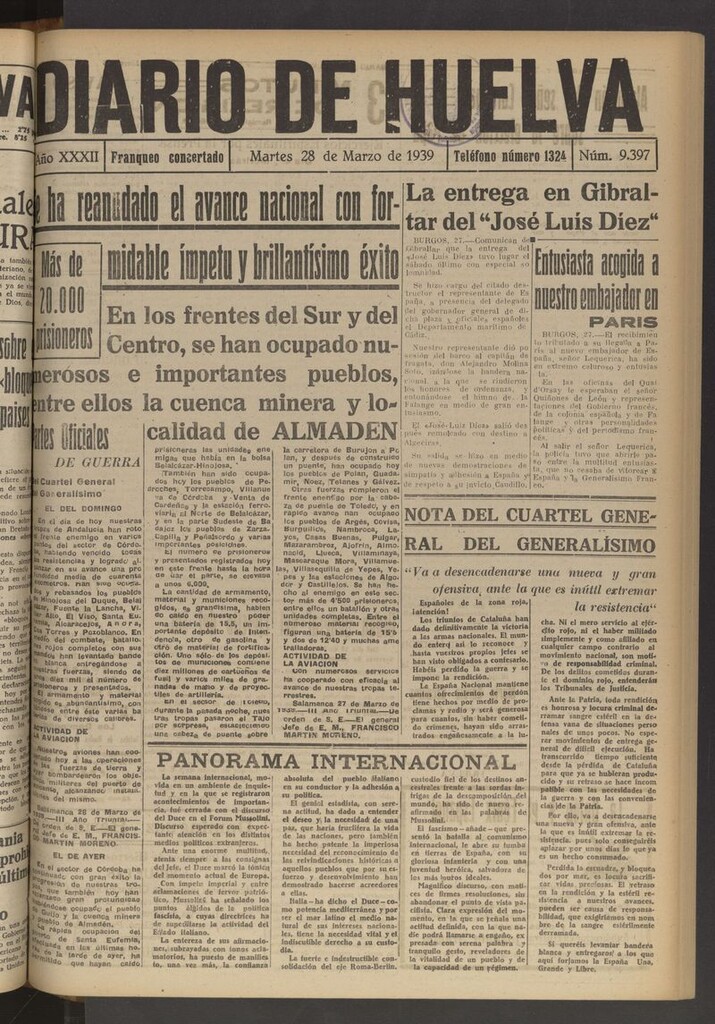 Miniatura de Diario de Huelva : periódico independiente del 28 de marzo de 1939