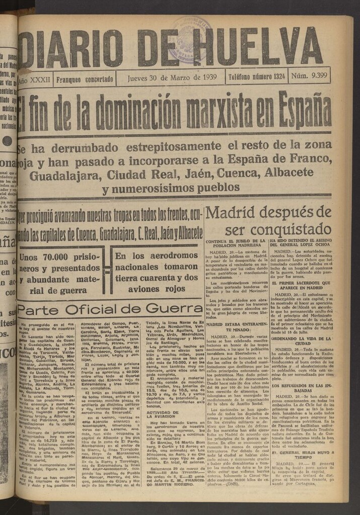 Miniatura de Diario de Huelva : periódico independiente del 30 de marzo de 1939