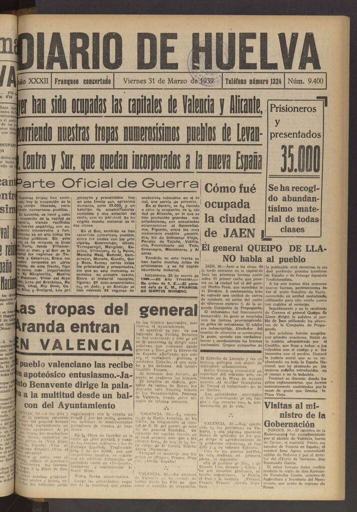 Miniatura de Diario de Huelva : periódico independiente del 31 de marzo de 1939