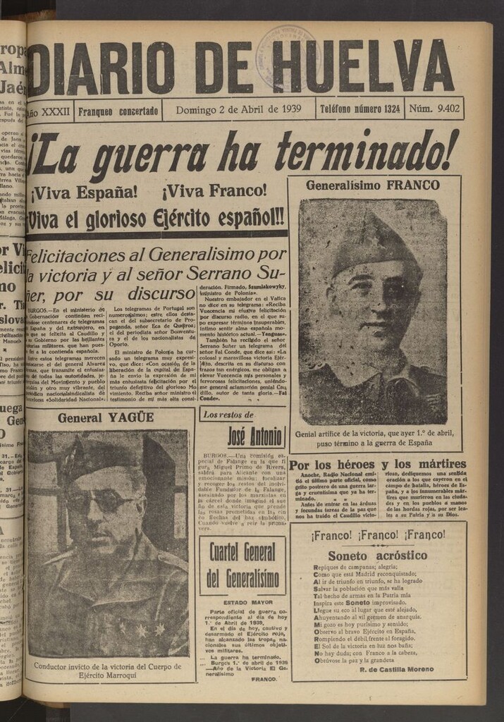 Miniatura de Diario de Huelva : periódico independiente del 2 de abril de 1939