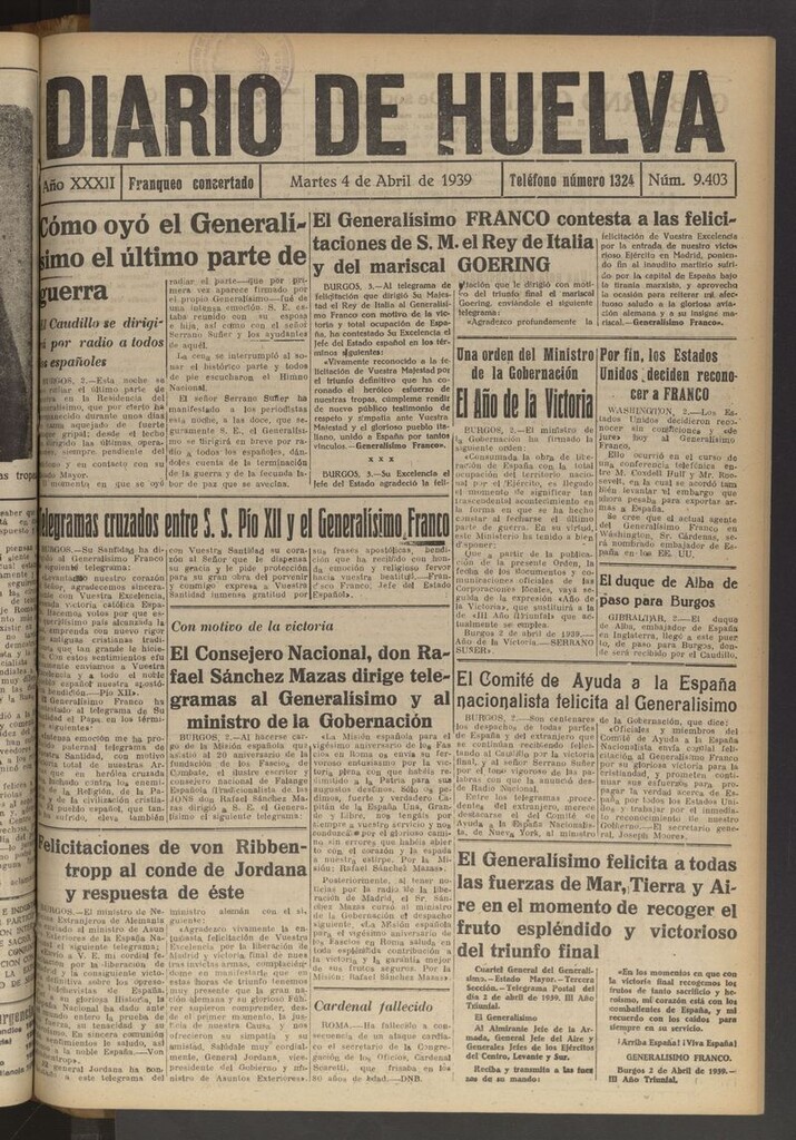 Miniatura de Diario de Huelva : periódico independiente del 4 de abril de 1939