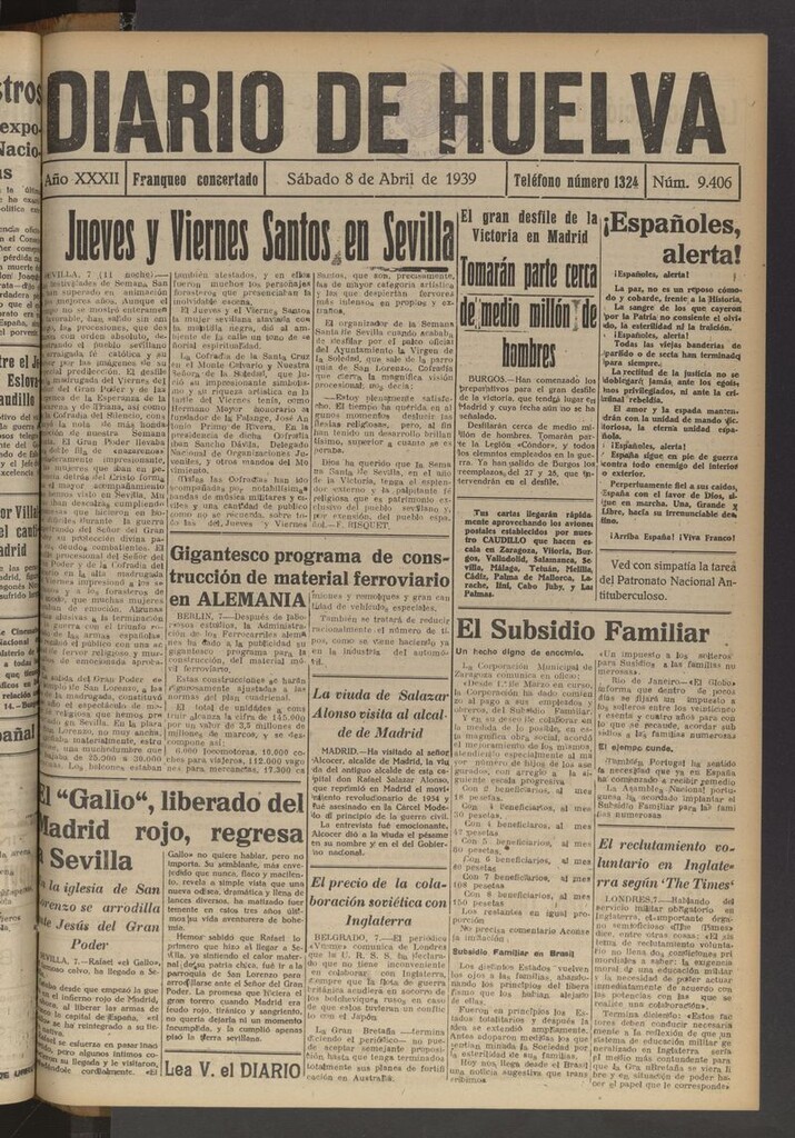 Miniatura de Diario de Huelva : periódico independiente del 8 de abril de 1939
