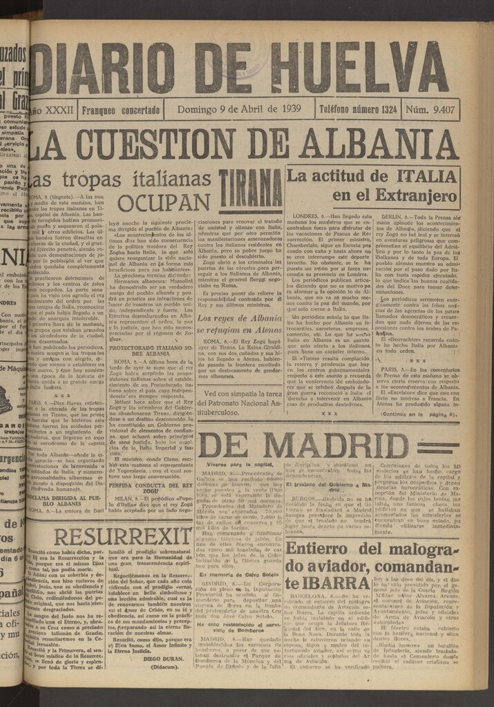 Miniatura de Diario de Huelva : periódico independiente del 9 de abril de 1939