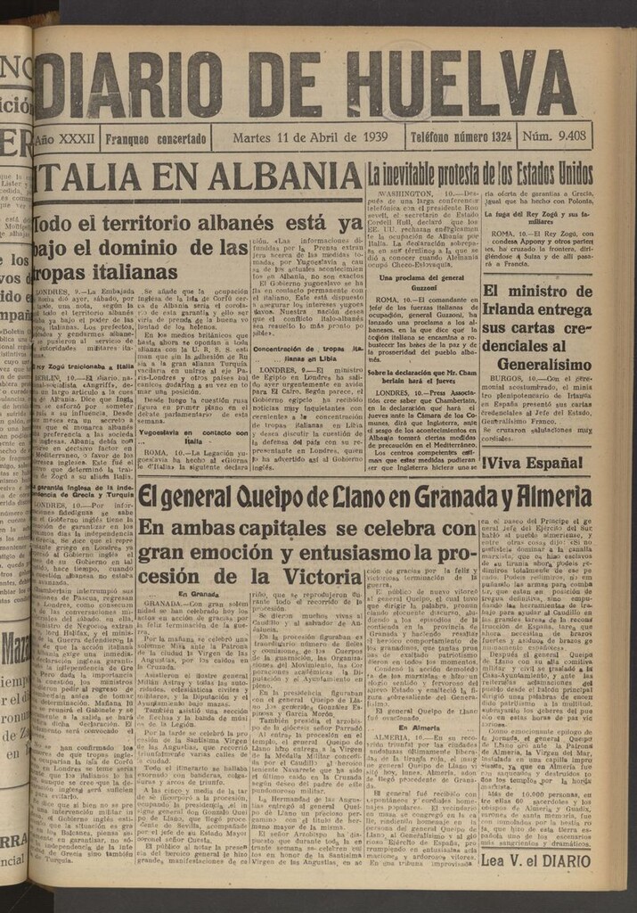 Miniatura de Diario de Huelva : periódico independiente del 11 de abril de 1939