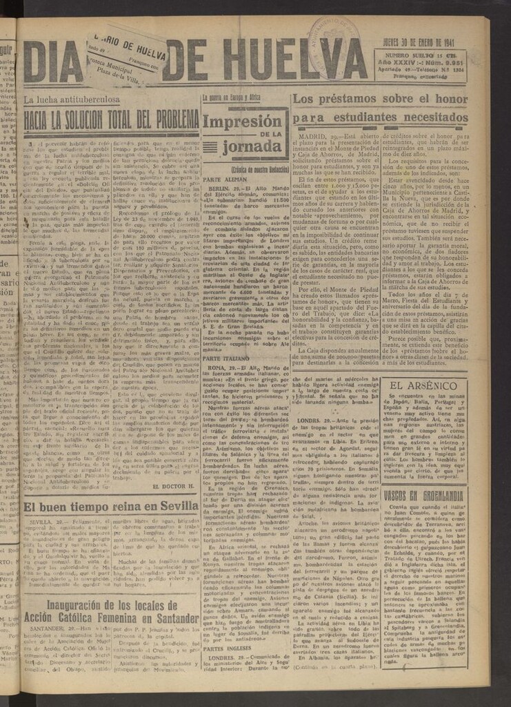 Miniatura de Diario de Huelva : periódico independiente del 30 de enero de 1941