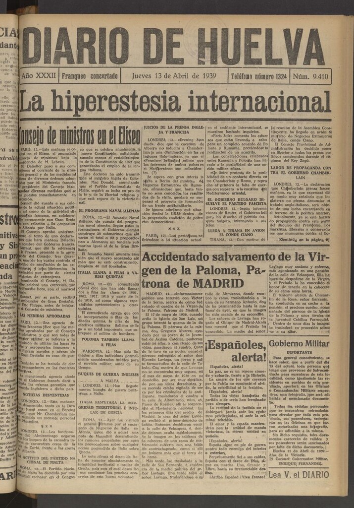 Miniatura de Diario de Huelva : periódico independiente del 13 de abril de 1939