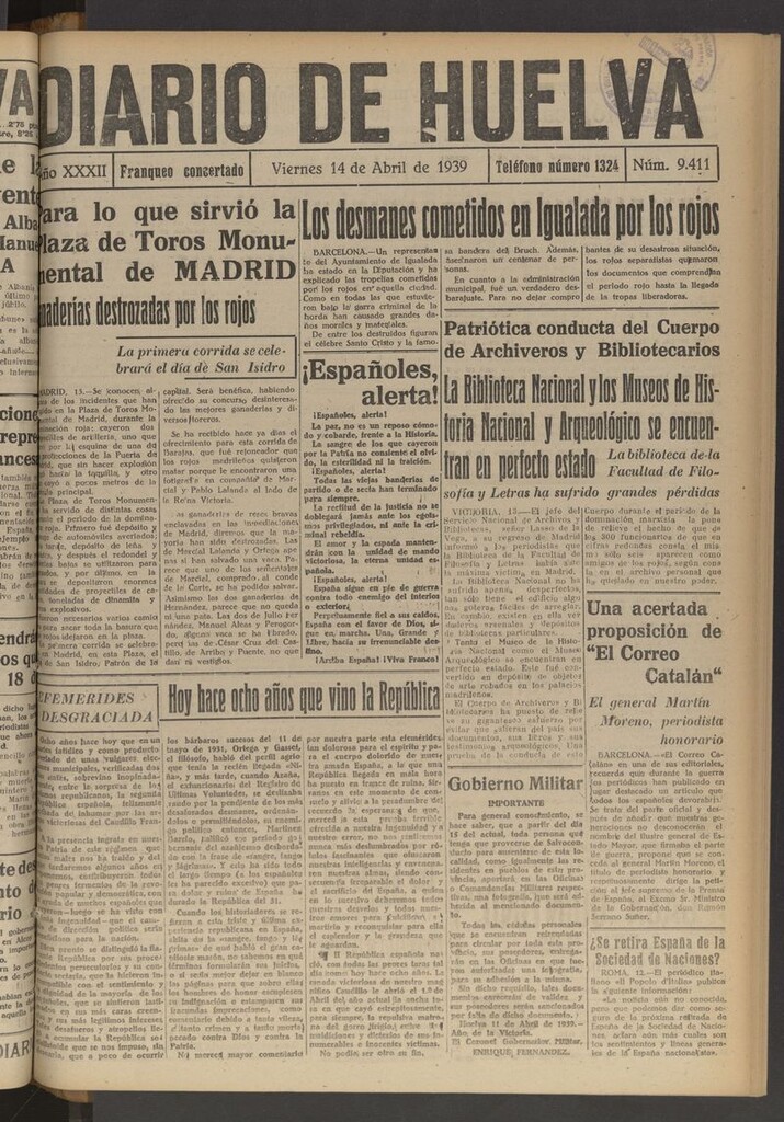 Miniatura de Diario de Huelva : periódico independiente del 14 de abril de 1939