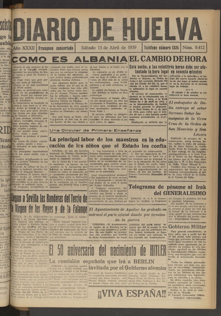 Miniatura de Diario de Huelva : periódico independiente del 15 de abril de 1939